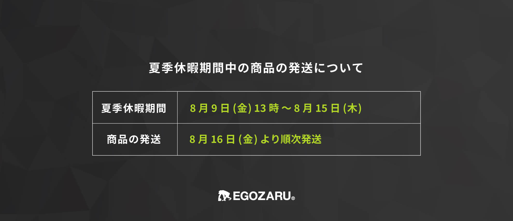 夏季休暇期間中の商品発送について